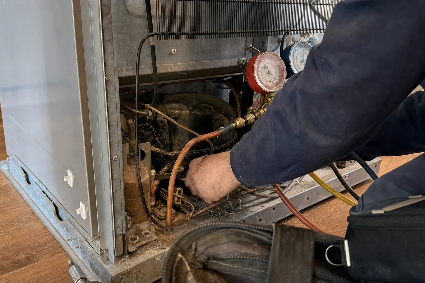 A hand making up a copper charging hose to a fitting beside a refrigerator compressor, the manifold gauges hooked on the frame above
